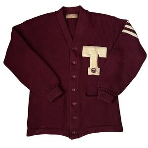 Vintage Oakes‎ Bros Letterman Cardigan Sweater Wool Maroon College Prep Track